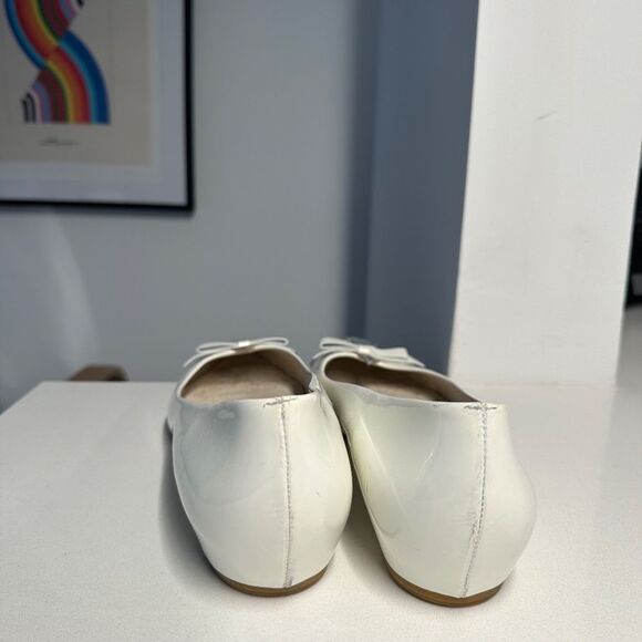 Stuart Weitzman Whiskerlo Pointed Toe Flats in White Patent Leather with Silver - Picture 4 of 11